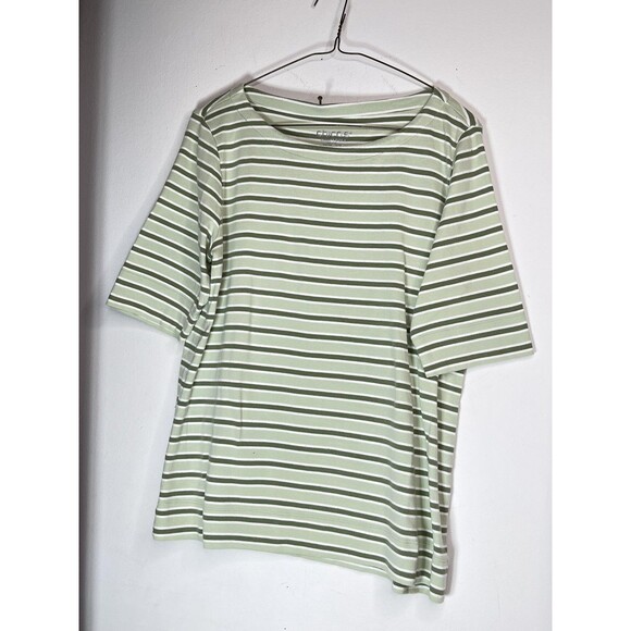 Chico's Shirt Womens 2 Green Stripe Boat Neck Short Sleeve Pima Cotton Top - Picture 2 of 5